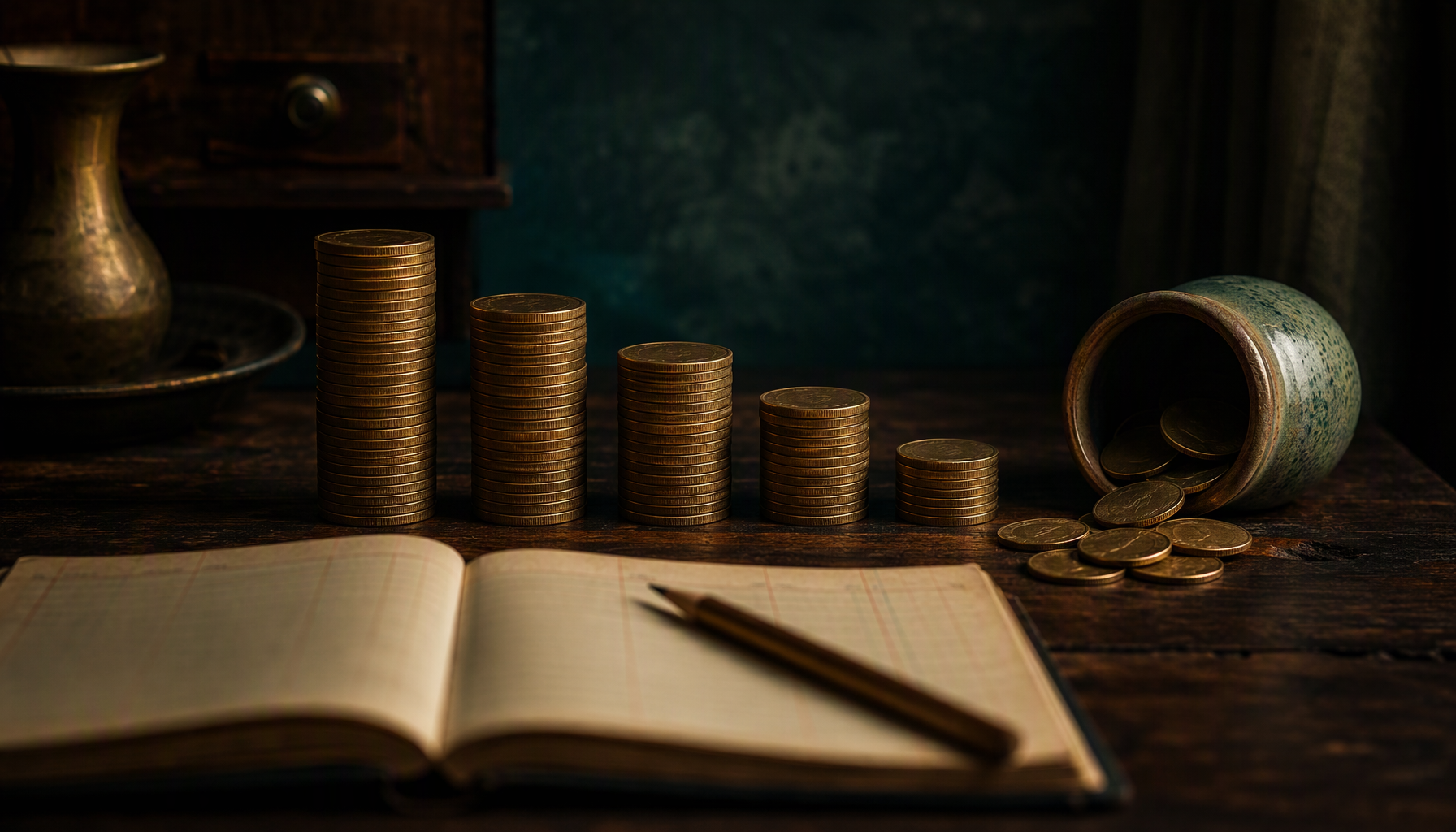 Five stacks of brass coins on a dark walnut counter, each stack shorter than the one before it, a green-glazed jar tipped on its side with loose coins spilling out beside the shortest stack, and an open ruled ledger with a wooden pencil resting across its blank pages in the foreground
