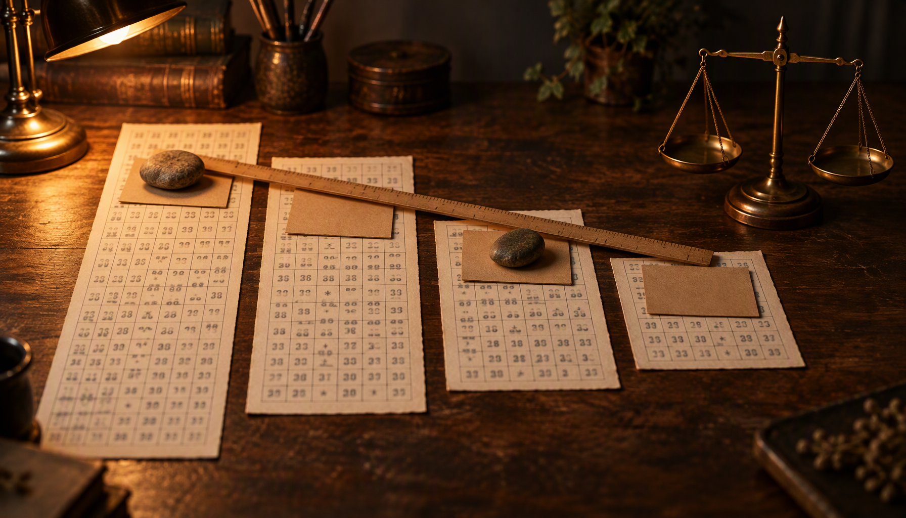 Four printed chart sheets of decreasing length laid side by side on a dark walnut desk, each ruled into a grid of two-digit cells with a few placeholder asterisks, blank kraft cards and two smooth river stones weighing them down, a wooden ruler spanning all four, and a brass balance scale standing under warm lamp light at the right