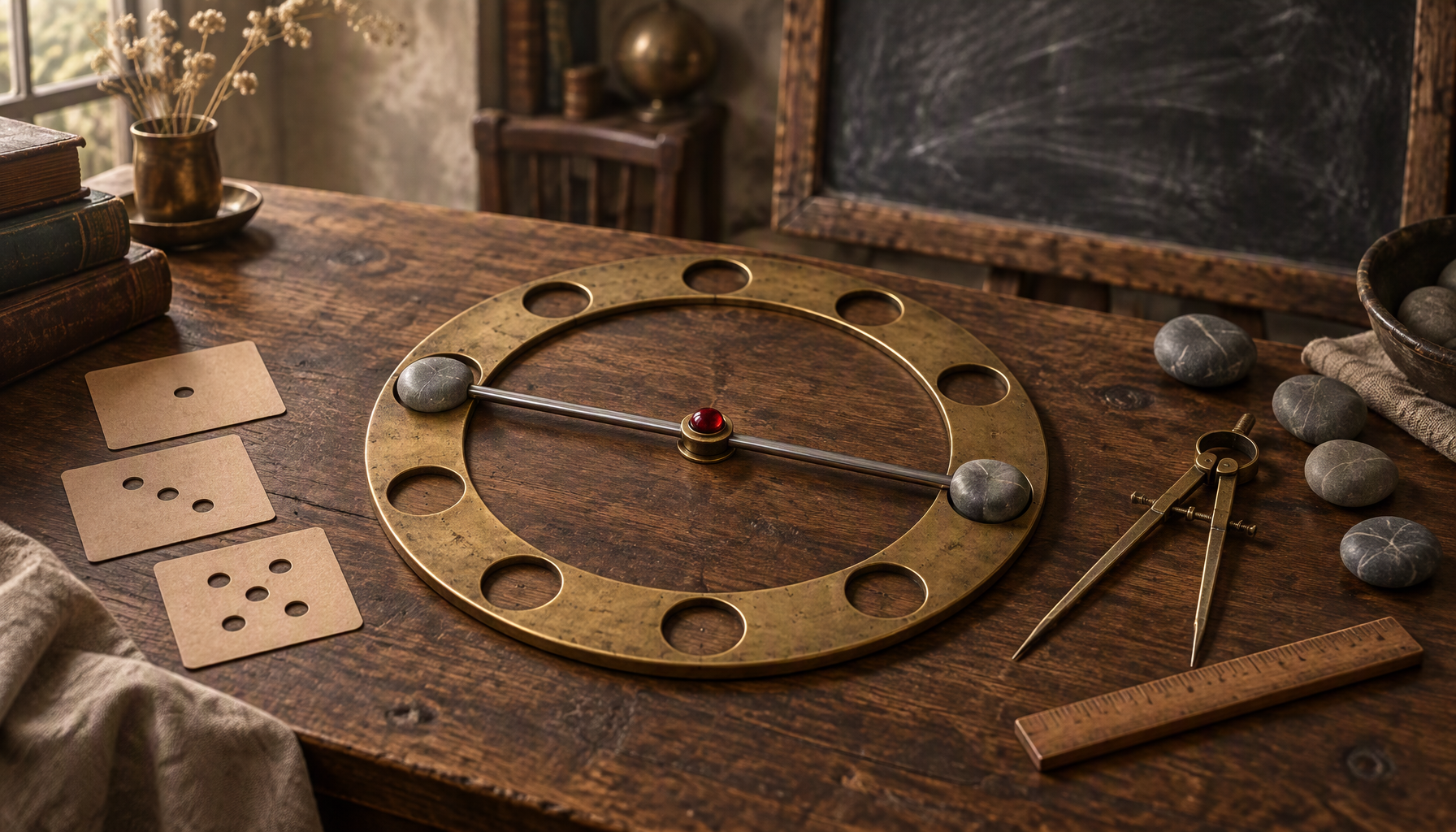 A brass dial ring with ten empty recessed notches lying on a walnut table, a polished steel bar spanning two opposite notches with a grey river stone seated in each and a small red stone at its pivot, three kraft cards punched with one, three and five holes to the left, brass drawing dividers and a wooden ruler to the right, and a smudged blank chalkboard behind