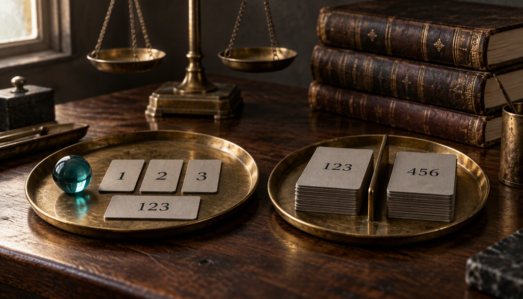 Two shallow brass trays on a dark walnut counter, the left holding a teal glass sphere, three single-digit cards and one card reading 123, the right divided by a brass strip into two stacks of three-digit cards reading 123 and 456, an empty brass balance scale and a stack of leather ledgers behind