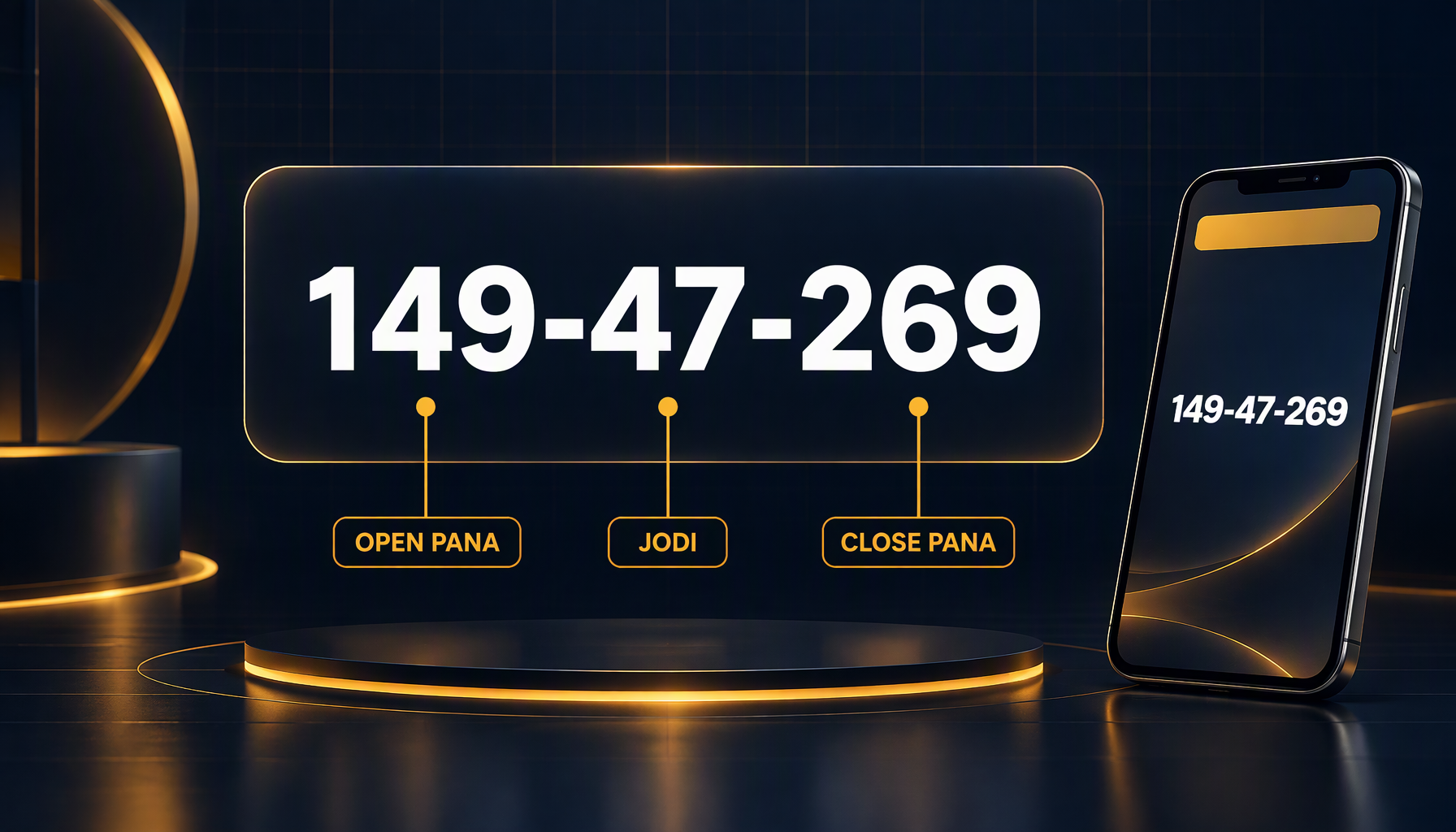 A Sara777 result line reading 149-47-269 annotated step by step, with the open panna, derived single digits, jodi, and close panna each labelled in amber