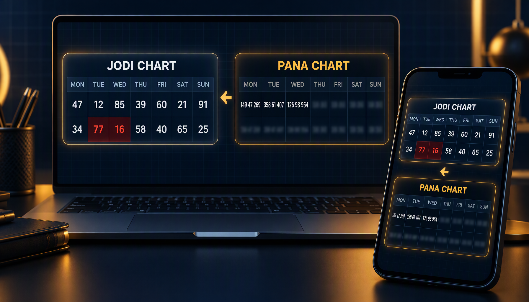 Two Sara777 chart screens side by side on a dark background — the left showing a weekly grid of two-digit jodi values, the right showing the same week with three-digit open panna, two-digit jodi, and three-digit close panna in each cell