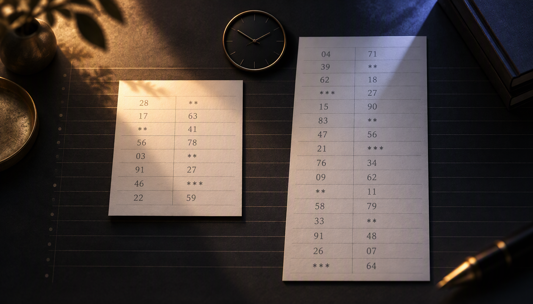 Two printed results sheets on a dark desk, the left one short and lit by warm midday light while the right one is twice as long and lit by cool evening light, each ruled into columns of two-digit cells with a few placeholder asterisks, and a small rimmed clock face sitting between them