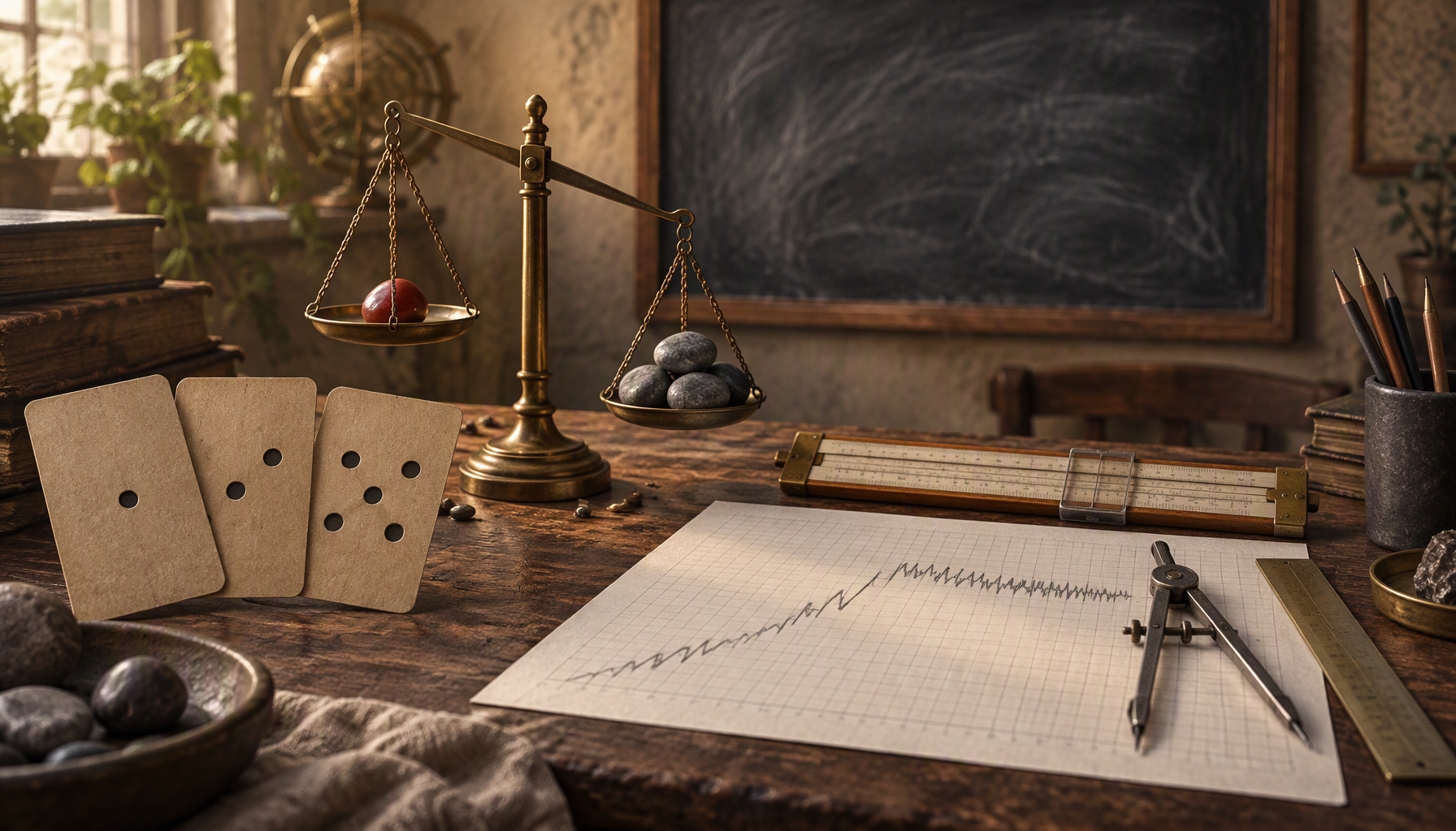 A sunlit study desk holding three blank kraft cards punched with one, two and five dots, a brass beam scale tipping a single red stone against a pan of four grey stones, a wooden slide rule and drawing compasses laid over graph paper whose hand-drawn line climbs and then flattens into noise, and a smudged empty chalkboard behind