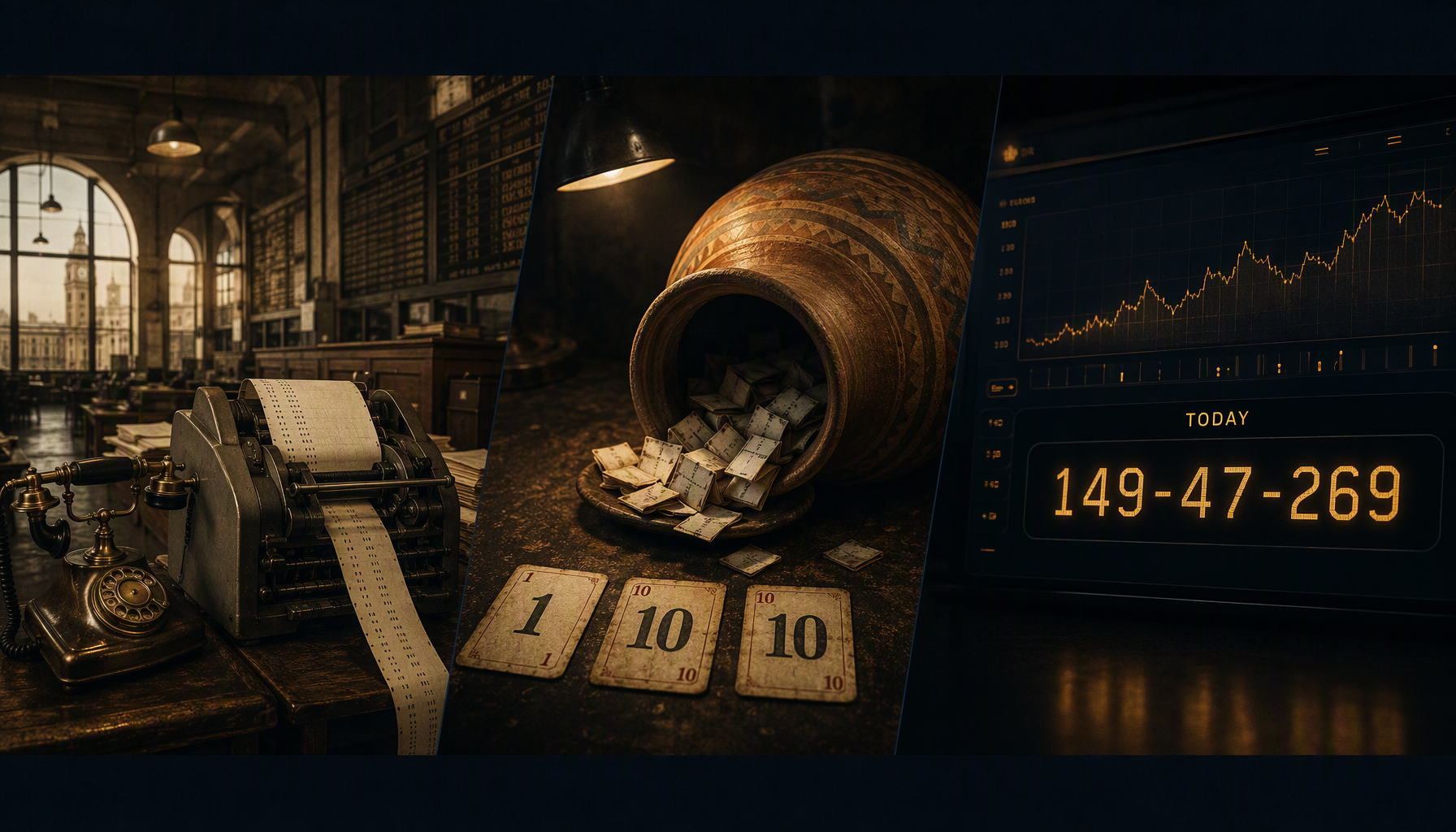 Historical montage depicting a 1960s rotary telephone and teleprinter, an earthen pot with paper chits and numbered cards, and a modern result display
