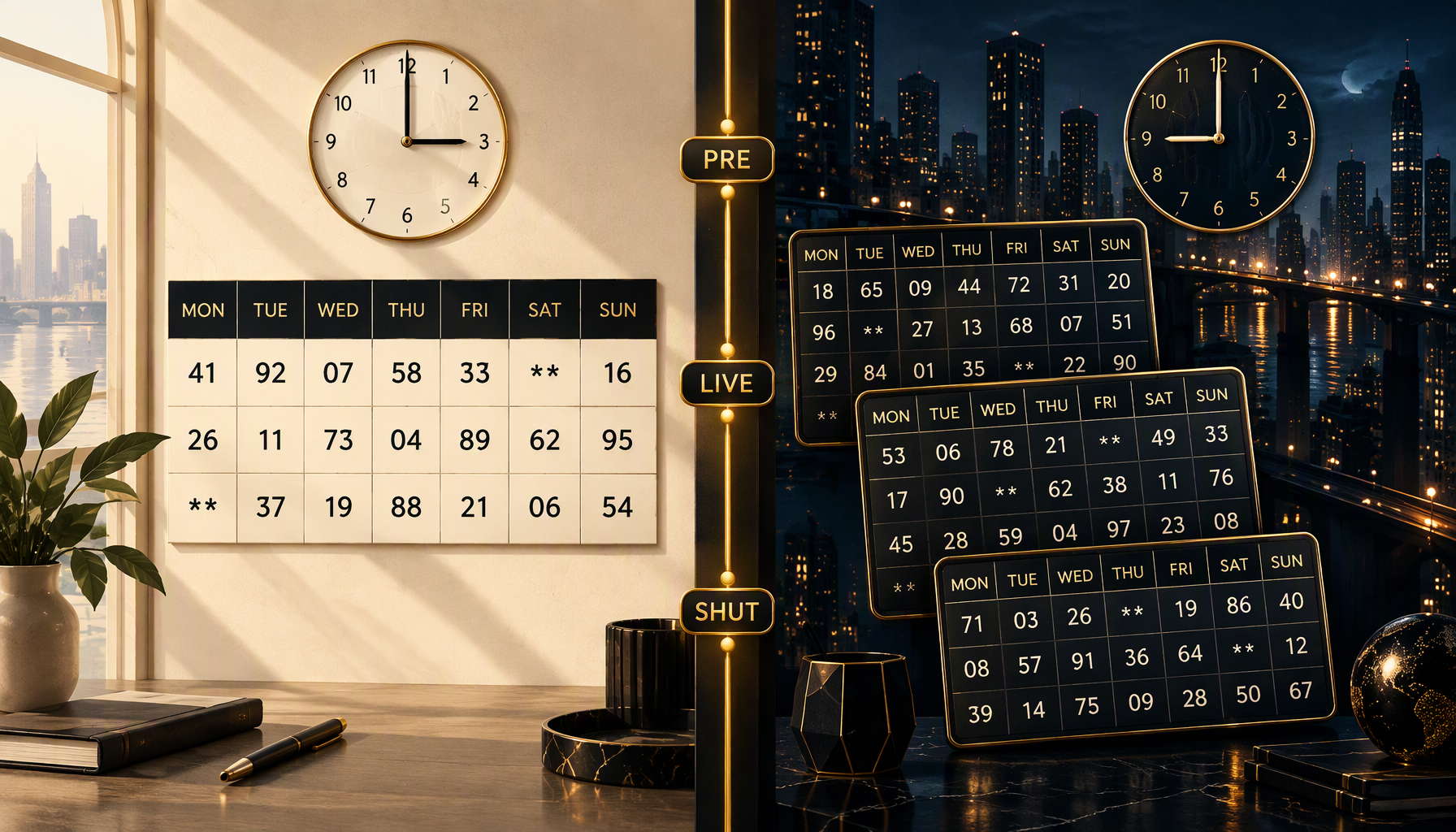 A dark editorial illustration showing two Milan chart panels side by side, one lit by daylight and one at night, with a clock face and weekly grid rows between them