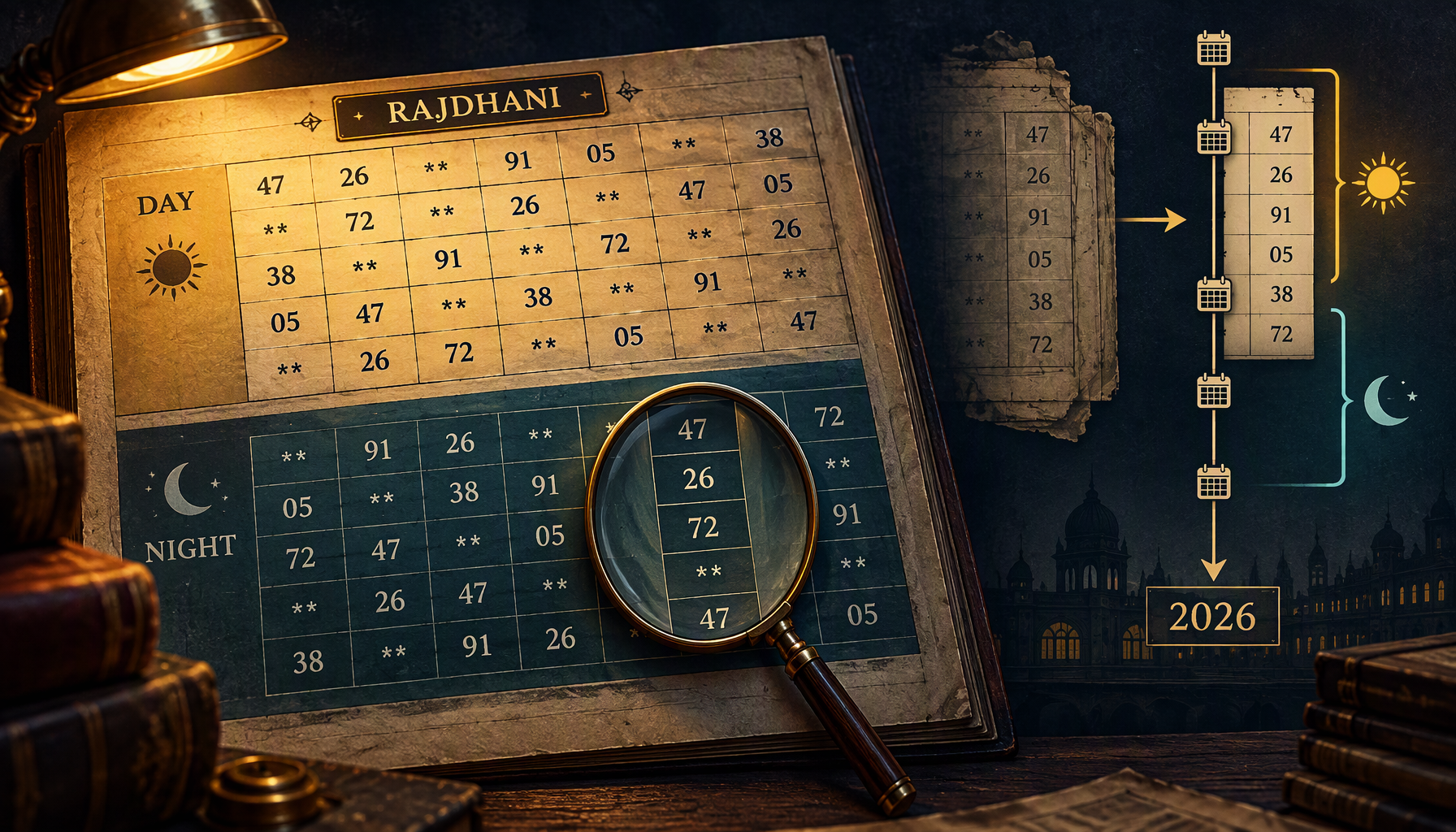 An aged Rajdhani results ledger split into a lit DAY band and a shaded NIGHT band of two-digit jodi cells, some showing asterisk placeholders, with a magnifying glass over one night column and a calendar timeline ending at 2026