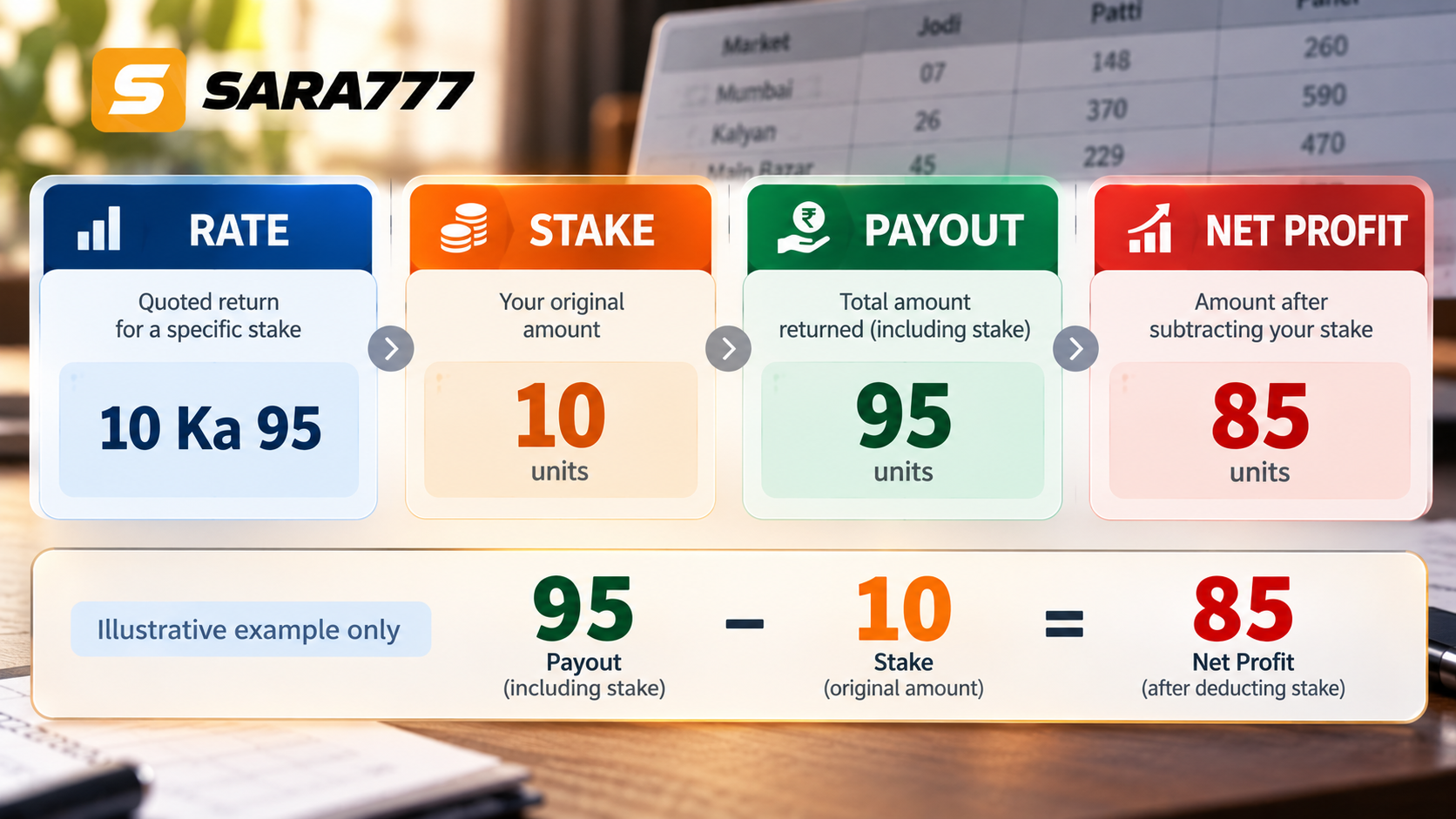 Editorial comparison graphic showing four concepts: Rate (10 Ka 95), Stake (10 units), Payout (95 units), and Net Profit (85 units) with calculation formula