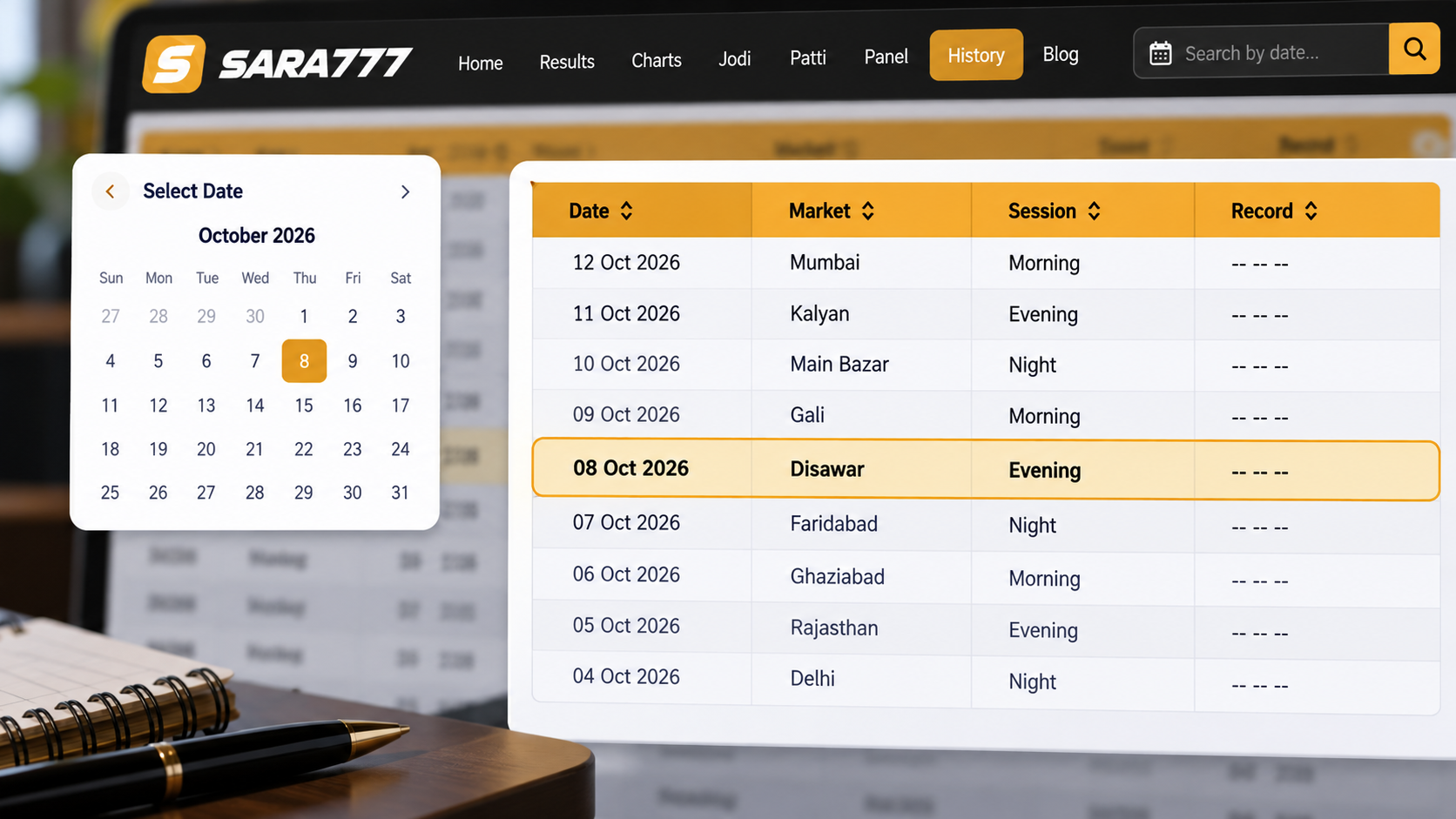 Historical results table and date picker interface on Sara777 displaying calendar dates alongside market sessions and recorded draws