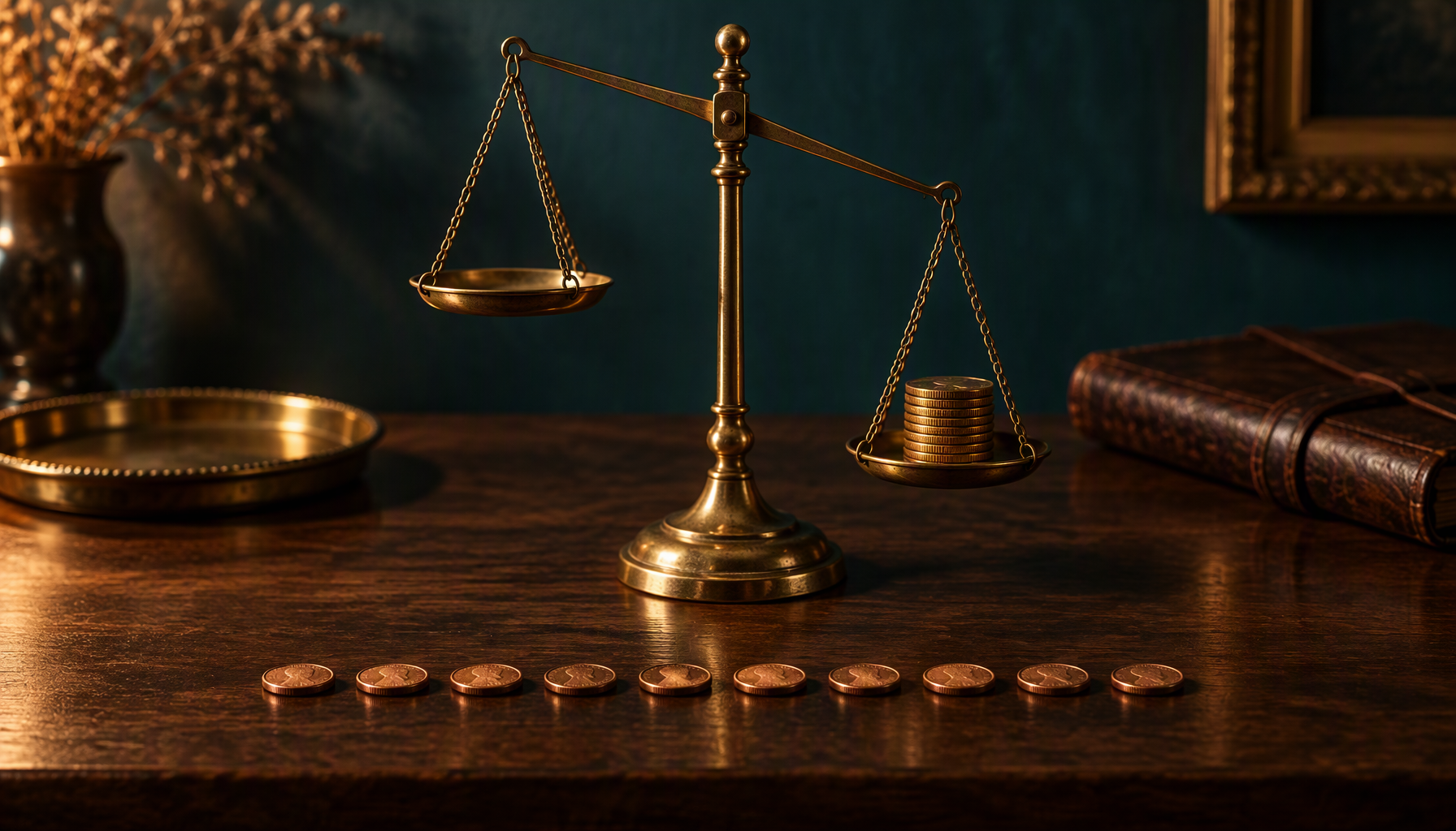 A brass balance scale on a dark walnut counter with its beam tilted, a stack of coins weighing down the right pan and the left pan empty and raised, ten copper coins laid in a neat row across the foreground, an empty brass tray and a closed leather ledger behind against a deep teal wall