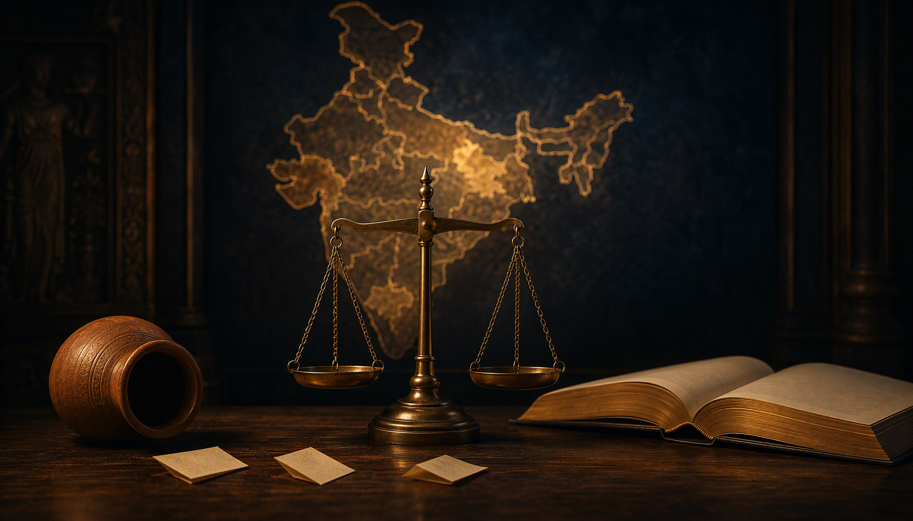 A dark editorial illustration of a legal guide to Satta Matka showing a balanced scale, an open statute book and an outline map of India with marked states in amber light