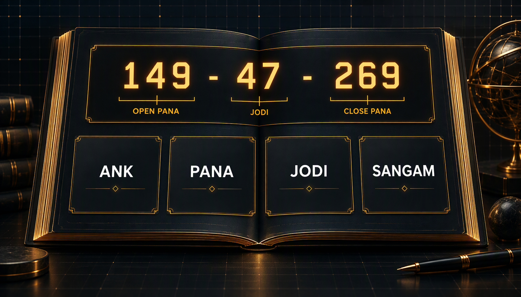 An open reference glossary page of Satta Matka terms with Pana, Ank, Jodi and Sangam entries highlighted in amber beside a result line