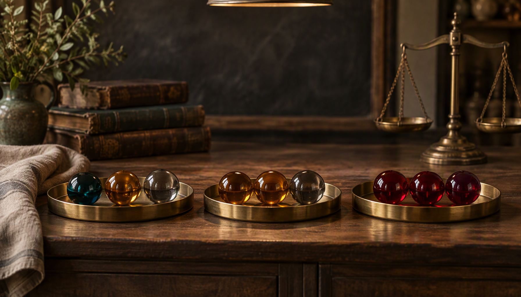 Three shallow brass trays in a row on a walnut counter, the left holding one teal, one amber and one grey glass sphere, the middle holding two matching amber spheres beside a grey one, the right holding three identical crimson spheres, with an empty brass balance scale and stacked leather ledgers behind