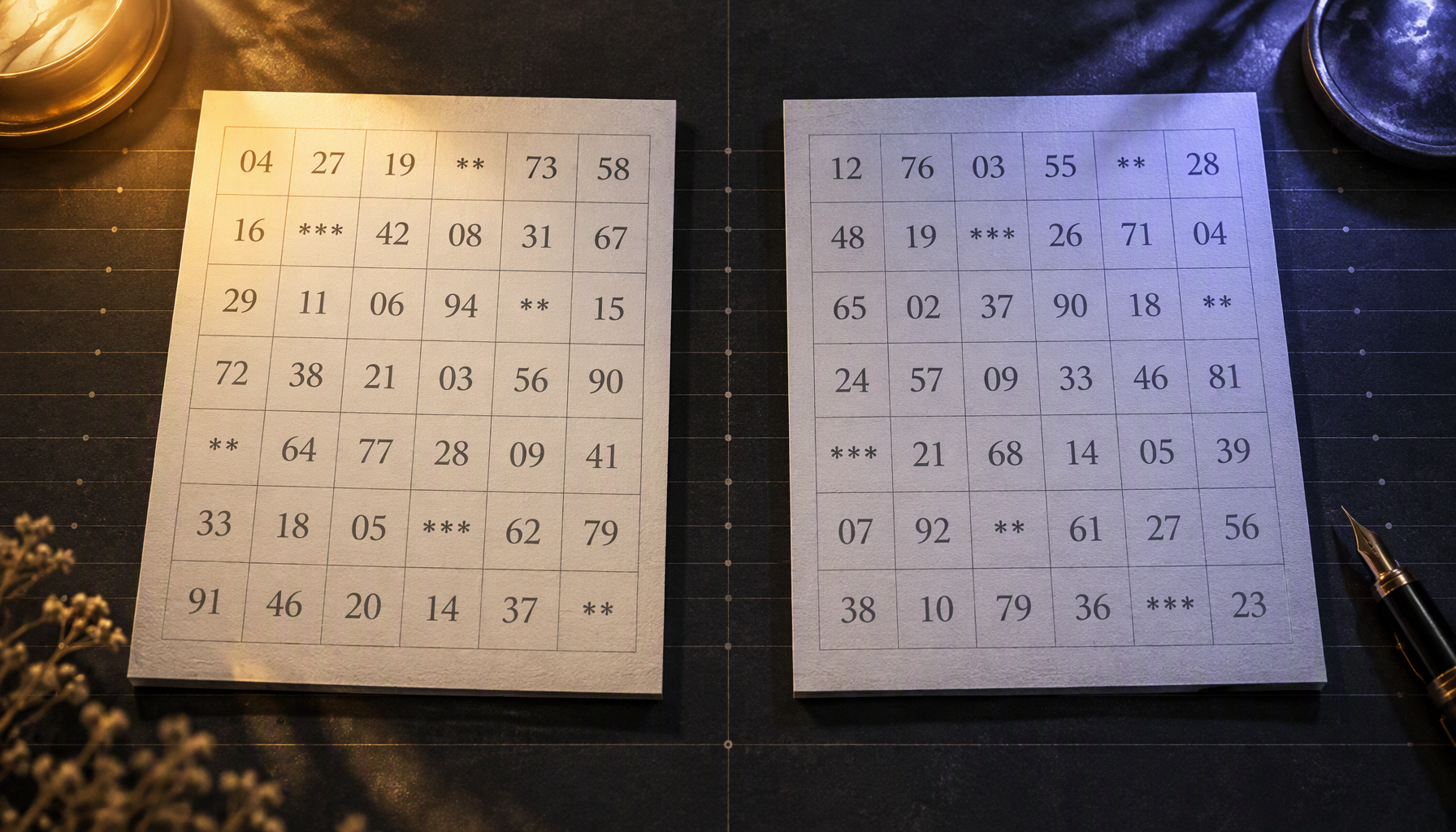 Two separate printed results grids on a dark page, one lit by flat midday light and one by cool evening light, each carrying its own week of two-digit jodi cells with a few placeholder pairs