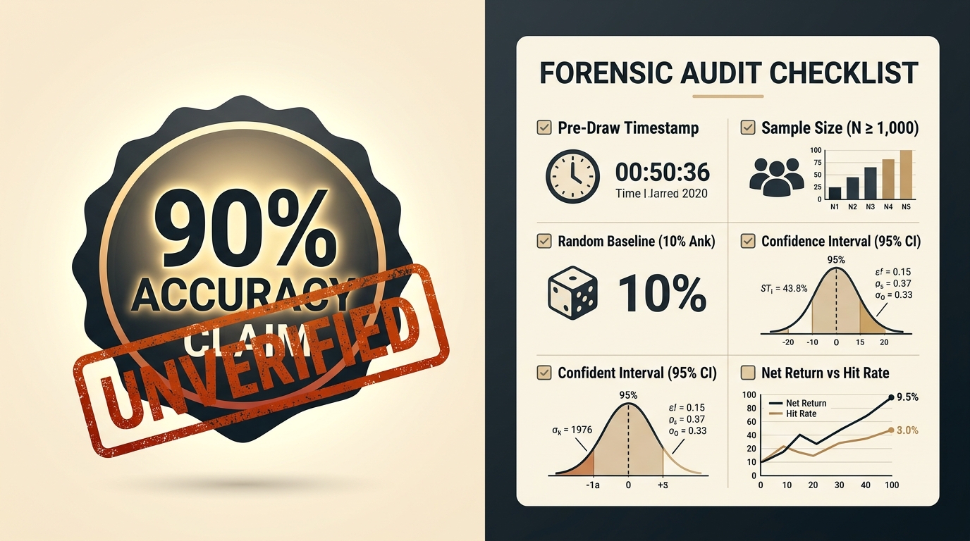 Forensic audit checklist contrasting an unverified 90 percent accuracy marketing badge against statistical criteria including pre-draw timestamps, sample sizes, random baselines, and net returns