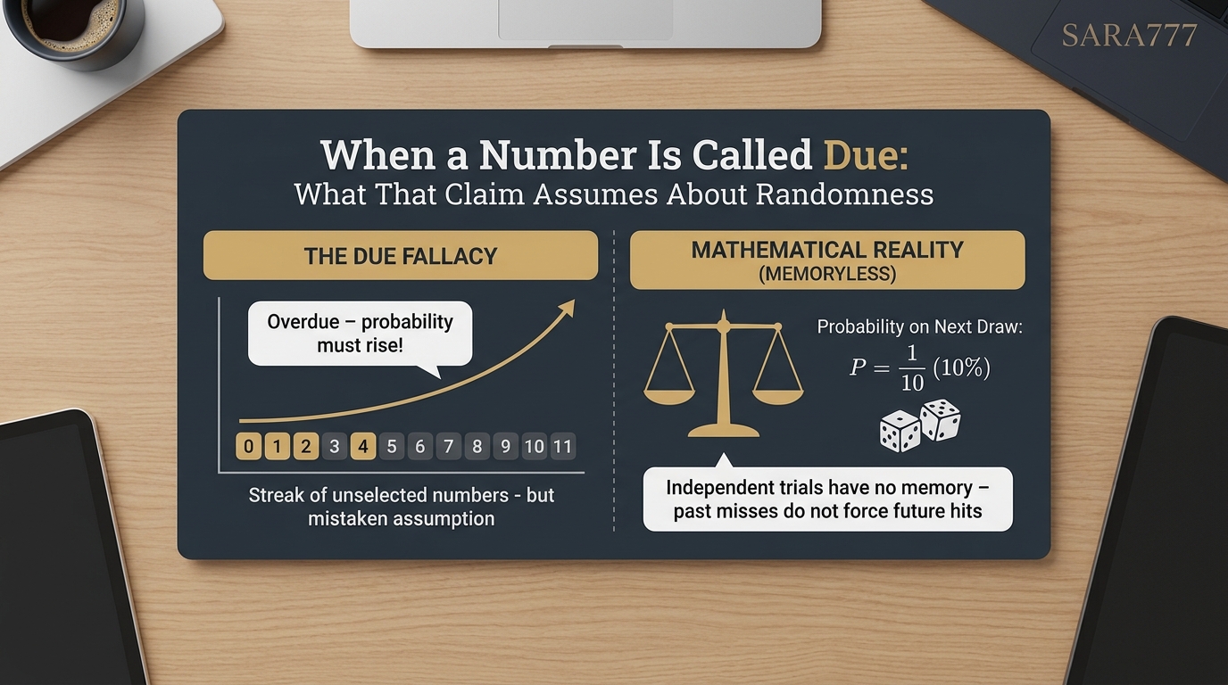 Infographic contrasting the due fallacy of rising probability against the mathematical reality of memoryless independent trials with P = 1/10
